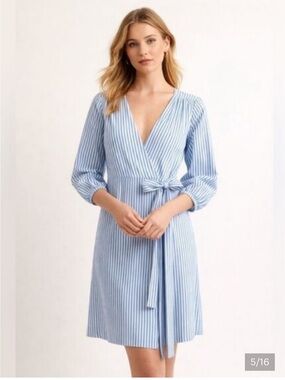 J. Crew Blue and White Striped Long Sleeve Wrap Dress